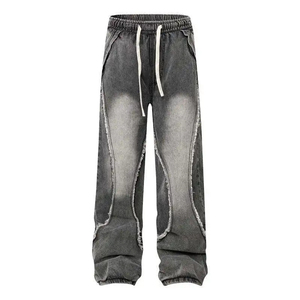 Pantalon de survêtement large gris délavé en denim pour homme, taille élastique avec cordon de serrage, style décontracté, déchiré et vieilli, en coton et fibre de bambou - Product Image 5