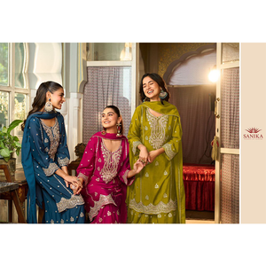 ชุดส่าหรีปากีสถานผ้าไหมชีนอนแท้ปักลายกระจก งานออกแบบแฟชั่นใหม่ทันสมัย เหมาะสำหรับงานเทศกาล - Product Image 1