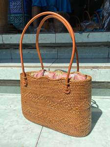 Indonesian's Best Seller Vintage Natural <b>Straw</b> Flap Cross-Body Tote Bag Leather Handles Open Top Casual Women's <b>Handbag</b> Durable - Product Image 3