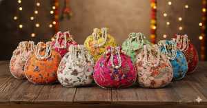 Handmade Potli <b>Bag</b> with Decorative Bead Embroidery and Drawstring Closure for Women, Wedding With <b>Needle</b> Work - Product Image 2