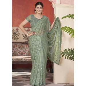 Sari en mousseline de soie à silhouette droite, élégant pour les occasions spéciales, avec broderie au fil. - Product Image 1