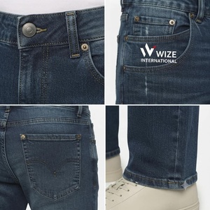 WIZE INTERNATIONAL Jean en denim coupe droite bleu foncé pour homme, taille haute, fermeture boutonnée, décontracté, 100% coton, délavé - Product Image 5