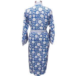 Bata de algodón con estampado floral de longitud completa para mujer, cuello en V, manga larga, ropa de dormir informal, para primavera, con cierre de cinturón y estampado azul y blanco - Product Image 6