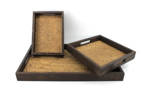 Juego de bandejas decorativas rectangulares de madera con incrustaciones de bambú y asas, estilo rústico, 2 piezas - Product Image 2
