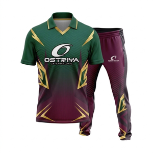 ชุดเสื้อคริกเก็ตครึ่งตัวและกางเกงสำหรับผู้ชาย Ostriya Intl แบบสั่งทำพิเศษ พิมพ์ลายด้วยความร้อนด้านหน้า สำหรับผู้ใหญ่ ไซส์พลัส ขาสั้น โพลีเอสเตอร์ 100% - Product Image 1