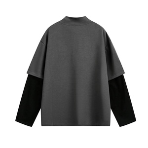 T-shirt à manches longues gris uni style streetwear, coupe décontractée et ample, respirant, imprimé double manche, 100% Coton - Product Image 4