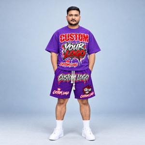 ชุดเสื้อยืดและกางเกงขาสั้นพิมพ์ลายตามสั่งสำหรับผู้ชาย ชุดสตรีทแวร์เข้าชุด ผู้ผลิต OEM รับผลิตโลโก้ตามสั่ง ขายส่ง OEM - Product Image 3