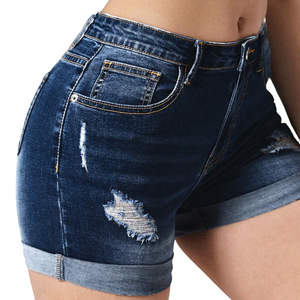 Womens <b>Denim</b> Shorts <b>Stretch</b> Distressed Dark Blue Casual Summer Rolled Hem Slim Fit Vintage Washed OEM ODM Custom Manufacturer - Product Image 5