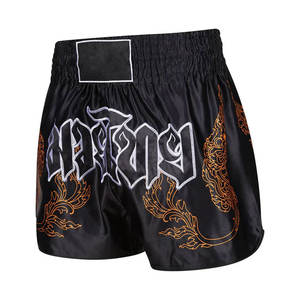 Pantalones Cortos de Muay Thai Personalizados con Logotipo para Hombre y Mujer, Satinados, Negros, con Bordado de Dragón de Fuego Dorado, Escritura Tailandesa, para Kickboxing y Lucha - Product Image 2