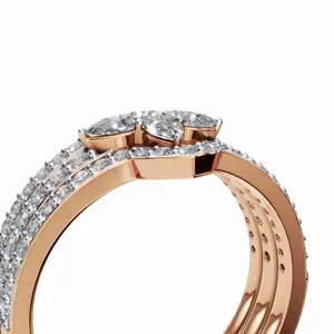 Bague de créateur à double bande en or rose 18 carats avec diamants de culture en forme de poire et de pétales radieux, taille ronde et poire, 68 pierres, pour femme - Product Image 2
