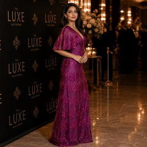 Luxury Fuchsia <b>Sequin</b> Evening Gown for Women | V Neck Flutter Sleeve Formal Party Dress Elegant Wedding Reception Prom Wear - Product Image 4
