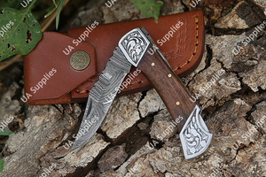 UA Supplies Professional Back Lock Folding Blade Drop Point Damascus Steel EDC <b>Utility</b> Pocket <b>Knife</b> Rosewood Engraved 7.5in OEM - Product Image 6