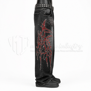 Jean en denim taille haute à jambe large pour homme, en coton, style punk, avec rivets et déchirures, coupe ample, streetwear automne - Product Image 5