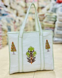 Bolso Tote Acolchado de Algodón, Bordado, para Mujer, Abierto, Grande, para la Playa, Compras y Viajes - Product Image 1