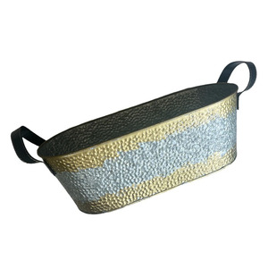 Two Tone Finish Hammered Theme Gold & Silver Oval Beverage Tub With Black Leather Handles Modern <b>Champagne</b> For Wedding & Party - Product Image 3