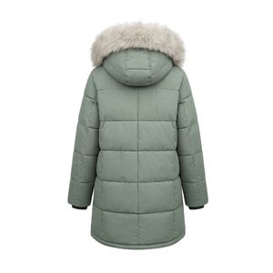 Manteau long matelassé en polyester vert sauge pour femme avec capuche en fourrure, poches plaquées, veste d'hiver, vêtement d'extérieur d'hiver - Product Image 2