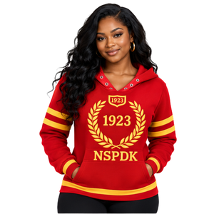 Sudadera con Capucha Bordada PDK para Mujer, Roja y Dorada, con Letras Griegas, Corona de Laurel, Cuello con Abertura, Manga a Rayas, Top de Manga Larga - Product Image 1