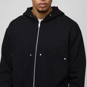 Sudadera con Cremallera para Hombre, Estilo Urbano, Corte Holgado, 100% Algodón, Felpa Francesa Negra, Gruesa, Ecológica, Personalizable OEM y ODM, Alta Calidad - Product Image 2
