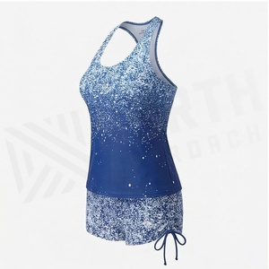 Ensemble tankini 2 pièces pour femmes, imprimé dégradé bleu, avec col licou et short à cordon de serrage, maillot de bain à séchage rapide - Product Image 1