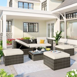 5 Piece Patio Furniture Set Adjustable Backrest <b>Wicker</b> Sofa with Ottomans and Lift Top <b>Coffee</b> <b>Table</b> for Garden Use - Product Image 2