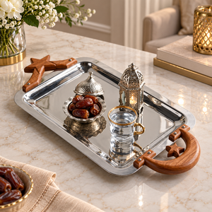 Plateau de service finition miroir avec poignées en bois en forme de croissant et d'étoile pour les dattes |   Plateau rectangulaire en acier inoxydable pour la décoration de table - Product Image 2