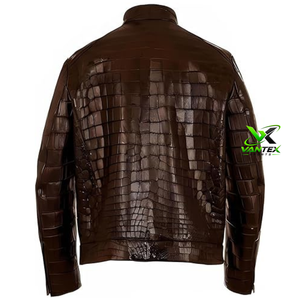 Blouson moto homme hiver marron en toile véritable gaufrée façon croco, col montant, tissu respirant, doublure en peau de mouton, motif peau de serpent - Product Image 2