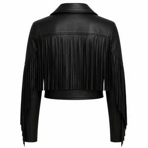 Veste en cuir véritable noire avec franges à pompons, col rabattu, coupe ajustée, longueur courte, style motard, unisexe, pour l'automne - Product Image 3