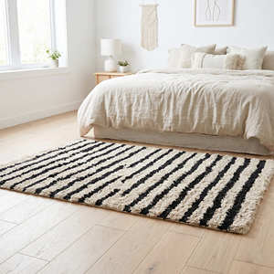 Hand Tufted Striped Boho Area Rug Rectangle Black White Plush Bohemian Style Wool Non-Slip Bedroom Floor Rug - Product Image 1