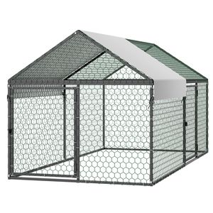 Gallinero Metálico para 4-6 Pollos, 3.3 x 6.6 x 3.3 Pies, Jaula Pequeña con Cubierta Impermeable, Puertas Dobles y Techo a Dos Aguas - Product Image 1