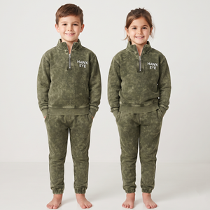 Conjunto de dos piezas de algodón con lavado ácido verde oliva de moda, sudadera con cremallera de un cuarto y pantalón, ropa casual de manga larga para niños - Product Image 3