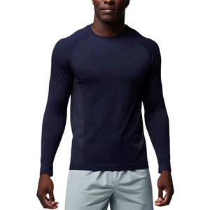 T-shirt de sport à manches longues pour homme, bleu foncé, coupe ajustée, séchage rapide, tricoté, col rond, couleur unie - Product Image 5