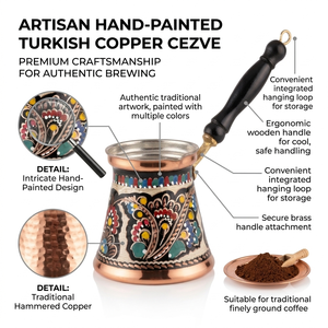 Cafetera Turca Cezve de Cobre Pintada a Mano con Esmalte Colorido, Decorativa con Diseño Floral Griego Briki, con Mango de Madera Resistente al Calor - Product Image 2