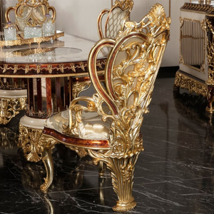 Ensemble de table à manger de style royal classique haut de gamme en bois d'acajou avec sculpture en feuille d'or et plateau brillant, 6 places, pour salle à manger de villa - Product Image 5