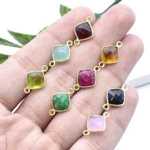 Peridot Quartz Cushion Gemstone Connector Gold Plated Double <b>Bail</b> Link Jewelry Making Charm Connector - Product Image 6