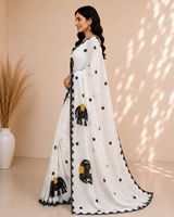 Saree Katun Putih Motif Gajah Hitam Aksen Kuning Pakaian Tradisional India Wanita Kasual Panjang Reguler Bebas Kerut
