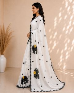 Sari de Algodón Blanco con Estampado de Elefantes Negros y Detalles Amarillos, Vestido Tradicional Indio para Mujer, Estilo Casual, Largo hasta el Suelo, Estilo Bollywood - Product Image 2