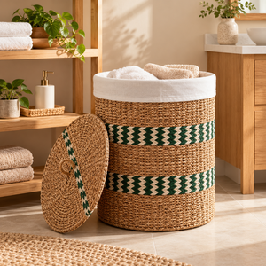 Cesto de Ropa Redondo Clásico Personalizable y Ecológico de Seagrass y Yute con Tapa, Forro de Tela y Diseño Chevron Verde al por Mayor - Product Image 5