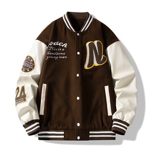 OEM Custom Two-Tone <b>Patchwork</b> Stand Collar Wool Varsity <b>Jacket</b> with Custom Logo Wholesale Unisex Winter <b>Jacket</b> - Product Image 4