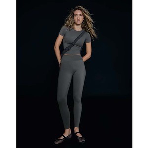 Women's High Waist Yoga <b>Legging</b> Set Short Sleeve <b>Crop</b> Top Full Length Skinny Fit Breathable Spandex Polyester Minimalist Style - Product Image 4