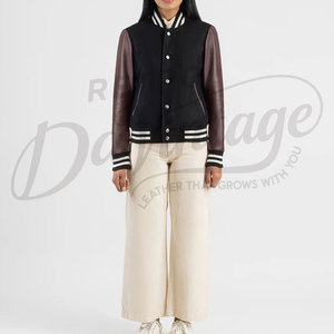 Women Varsity Letterman <b>Jacket</b> Black Wool Body with Brown Real <b>Leather</b> Sleeves Slim Fit Premium Classic Baseball Casual College - Product Image 3