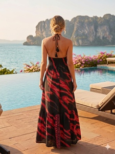 Vestido largo de verano estilo Y2K bohemio con cuello halter, de seda india, con borlas en la espalda, estampado geométrico/de lunares, informal, corte en A, holgado y lavable. - Product Image 6