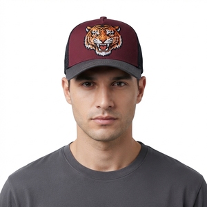 Casquette de baseball pour homme, bordeaux, style trucker, broderie tigre, dos en maille noire, fermeture snapback, logo personnalisé - Product Image 1