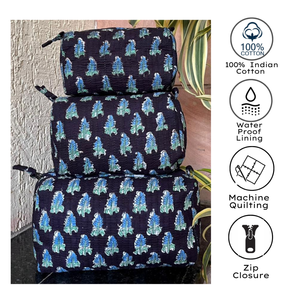 Juego de 3 Bolsas Organizadoras de Viaje de Algodón Premium, Acolchadas, con Estampado Floral Azul de Jaipur, Impermeables, para Maquillaje y Artículos de Aseo - Product Image 2