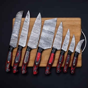 Ensemble de 8 couteaux de chef professionnels à manche en bois, en acier Damas, très demandés, pour cuisine - Product Image 1