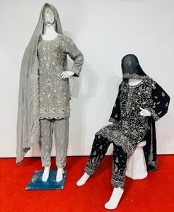 Ensemble royal de luxe pour femmes pantalon et haut épais Dupatta Sikwans embellissements de travail vêtements indiens pakistanais pour un appel royal - Product Image 4