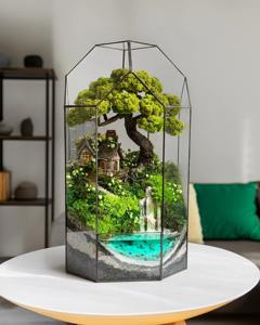 Tall Glass Terrarium With Cottage Landscape Waterfall And Bonsai Style <b>Tree</b> Indoor Table Decor For Home Office And Gifting - Product Image 1