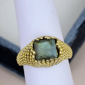 Solid 925 Sterling <b>Silver</b> Labradorite Gemstone <b>Ring</b> Gold Plated Wide Beaded Ornate <b>Band</b> Vintage Unisex <b>Ring</b> - Product Image 3