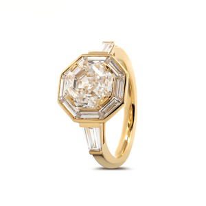Bague de luxe en or jaune 18 carats avec diamant de laboratoire taille octogonale Ascher de 3 carats et pierres latérales baguette coniques serties clos - Product Image 5
