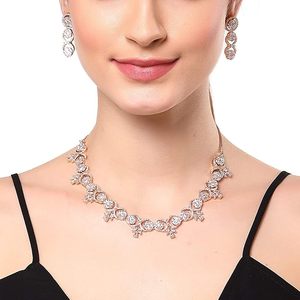 Ensemble collier et boucles d'oreilles en alliage plaqué or rose avec cristaux de strass, design floral, bijoux romantiques de mariage pour femmes - Product Image 3
