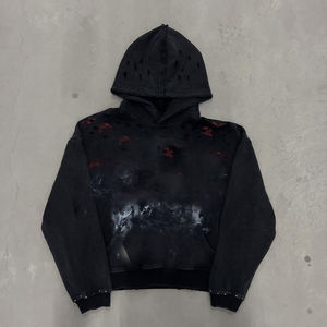 Sudadera con Capucha Negra para Hombre, Estilo Punk, Lavado Ácido, con Cortes Desgastados, Estilo Grunge, Streetwear - Product Image 3